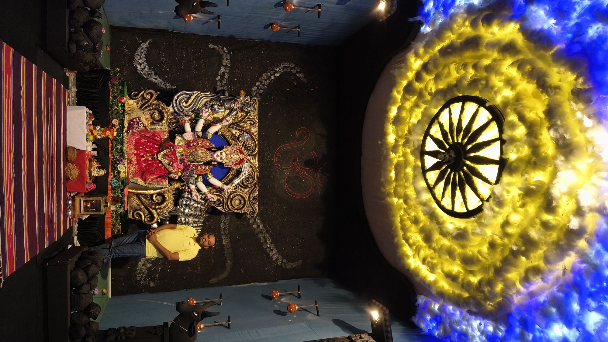 Navratri Day : 4
Goddess Kushmanda
She rides a lioness and has eight hands, holding a lotus, kamandal, bow and arrow in her right hand, and amrit kalash, japa mala, gada, and chakra in her left.