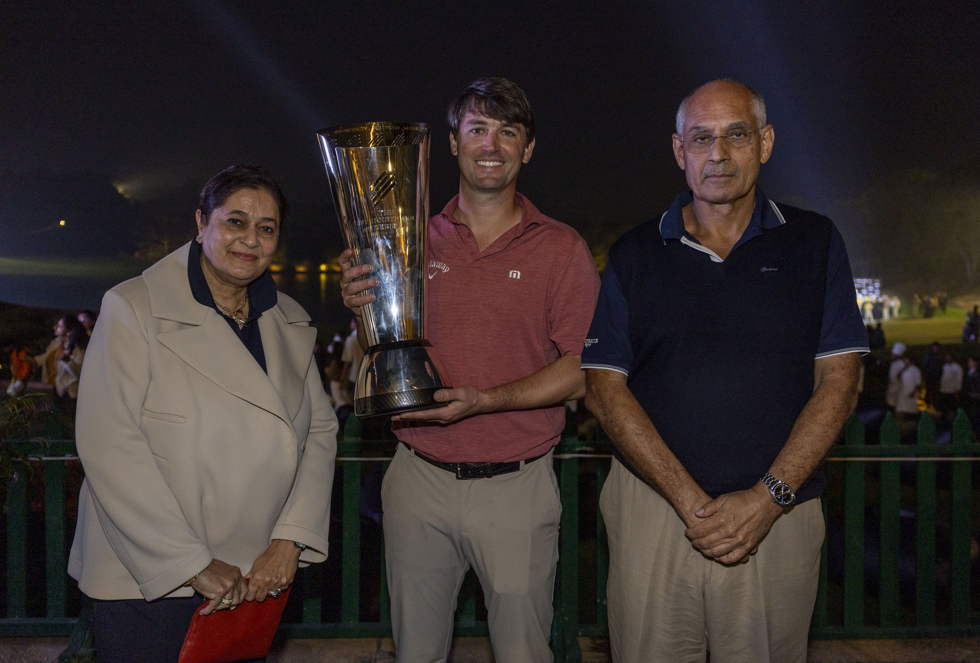 Ollie Schniederjans of the USA with the trophy pictured on Sunday, February 2, 2025 after Round Four of The International Series India .Credit- Ian Walton/Asian Tour.