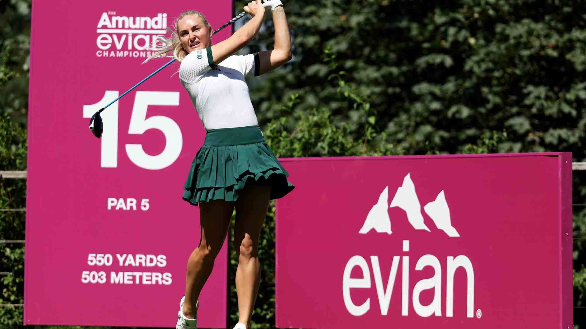 Charley Hull of England tees off on the 15th hole during a practice round