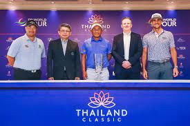 Thailand Classic participants, from left Kiradech Aphibarnrat Thongchai Jaidee, and Rafa Cabrera Bello pose with the trophy ahead of the DP World Tour event at Amata Spring Country Club.