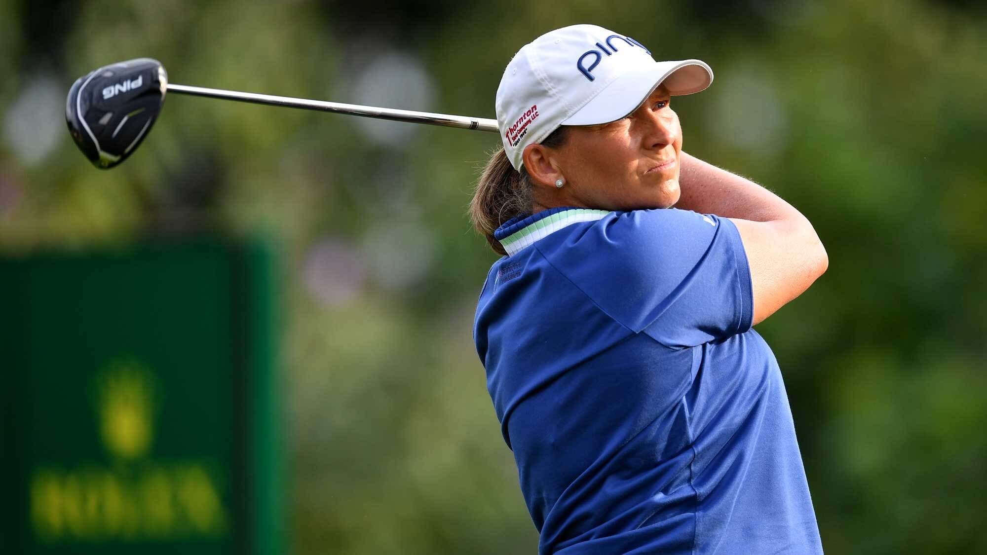 Angela Stanford of the United States tees off on the 11th hole during the first round of the Amundi Evian Championship