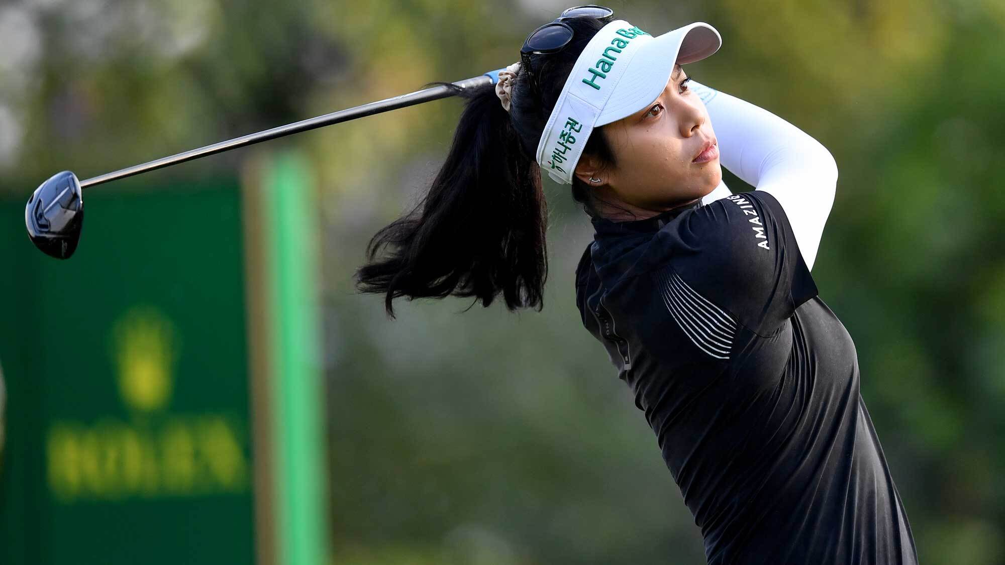 Patty Tavatanakit of Thailand tees off on the 11th hole at Evian Championship