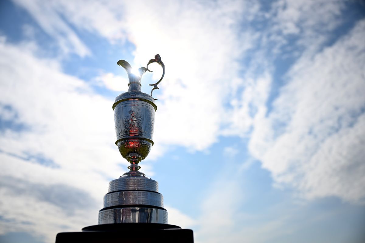 The Claret Jug is displayed during a practice round prior to The 152nd Open championship at Royal Troon. (Image via Gettyimages)