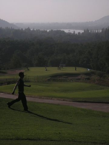 Par 3 hole no 5..Island green with the Dal Lake in the back ground.