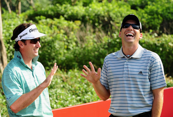 Sergio Garcia of Spain shares a joke with Ganzalo Castano.