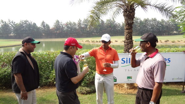 Brijesh, Sadeesh and Samyukth enjoying the Champagne before their tee shot.