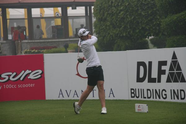 Gwladys Nocera of France tees off at Round 1  - Photo by Rohit Chauhan