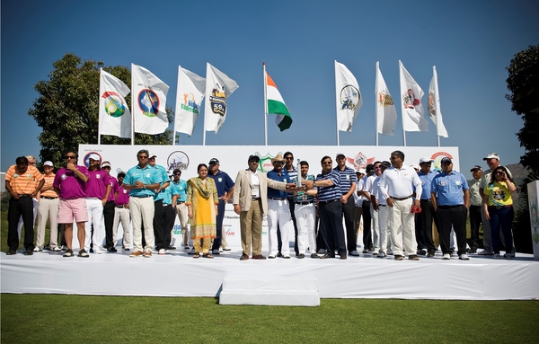 Trophy unveiling at the Opening Ceremony with the teams lined up on stage