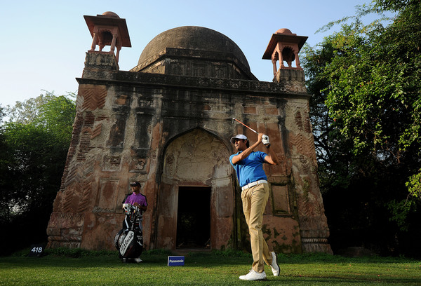 Defending champion Digvijay Singh tees off during a practice round