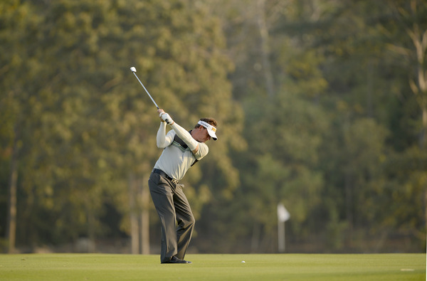 Germany's Alex Cejka hits a shot from the fairway during Round 1