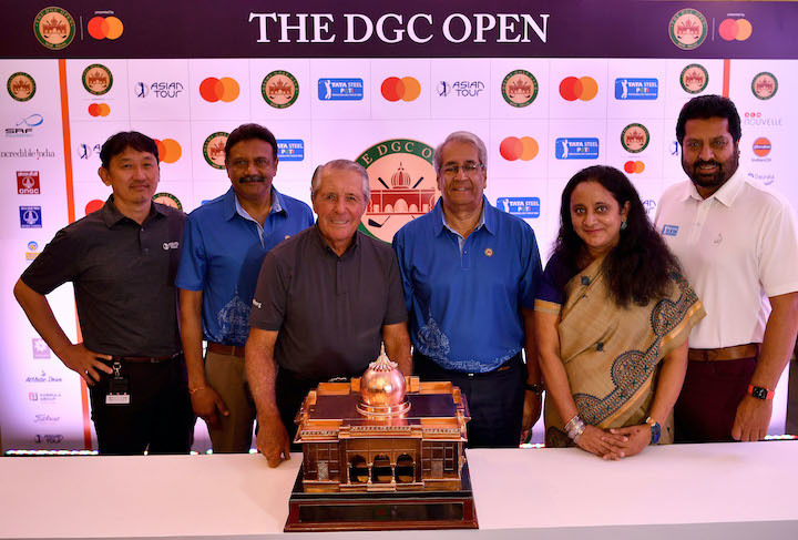 Unho Park, Director Asian Tour, Major General Anil P Dere, Captain DGC, Gary Player ,Manjit Singh President DGC, Manasi Narasimhan VP Mastercard South Asia, Uttam Singh Mundy, CEO PGTI pose for a photo of the tournament winner's trophy at the tournament press conference ahead of the DGC Open presented by Mastercard at the Delhi Golf Club on Tuesday March 22, 2022. The US$ 500.000 Asian Tour event is staged from March 24-27, 2022. Picture by Paul Lakatos/Asian Tour.