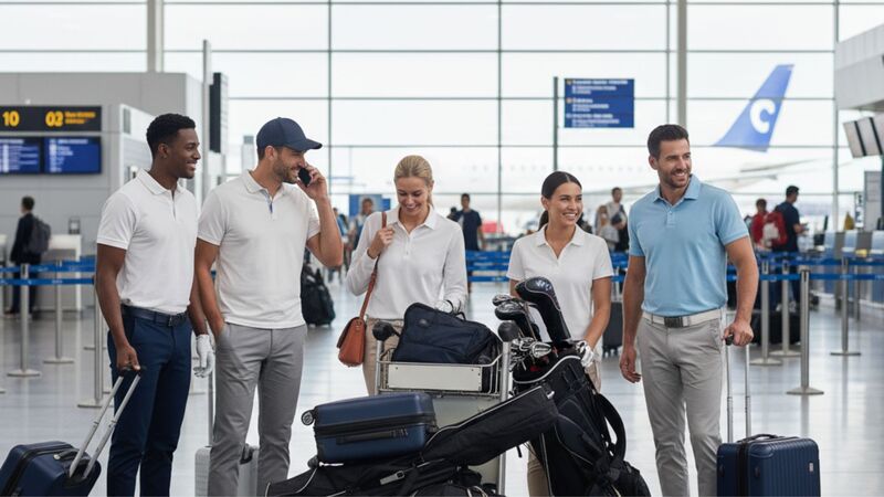 Group of golfers with luggage/golf bags at the airport